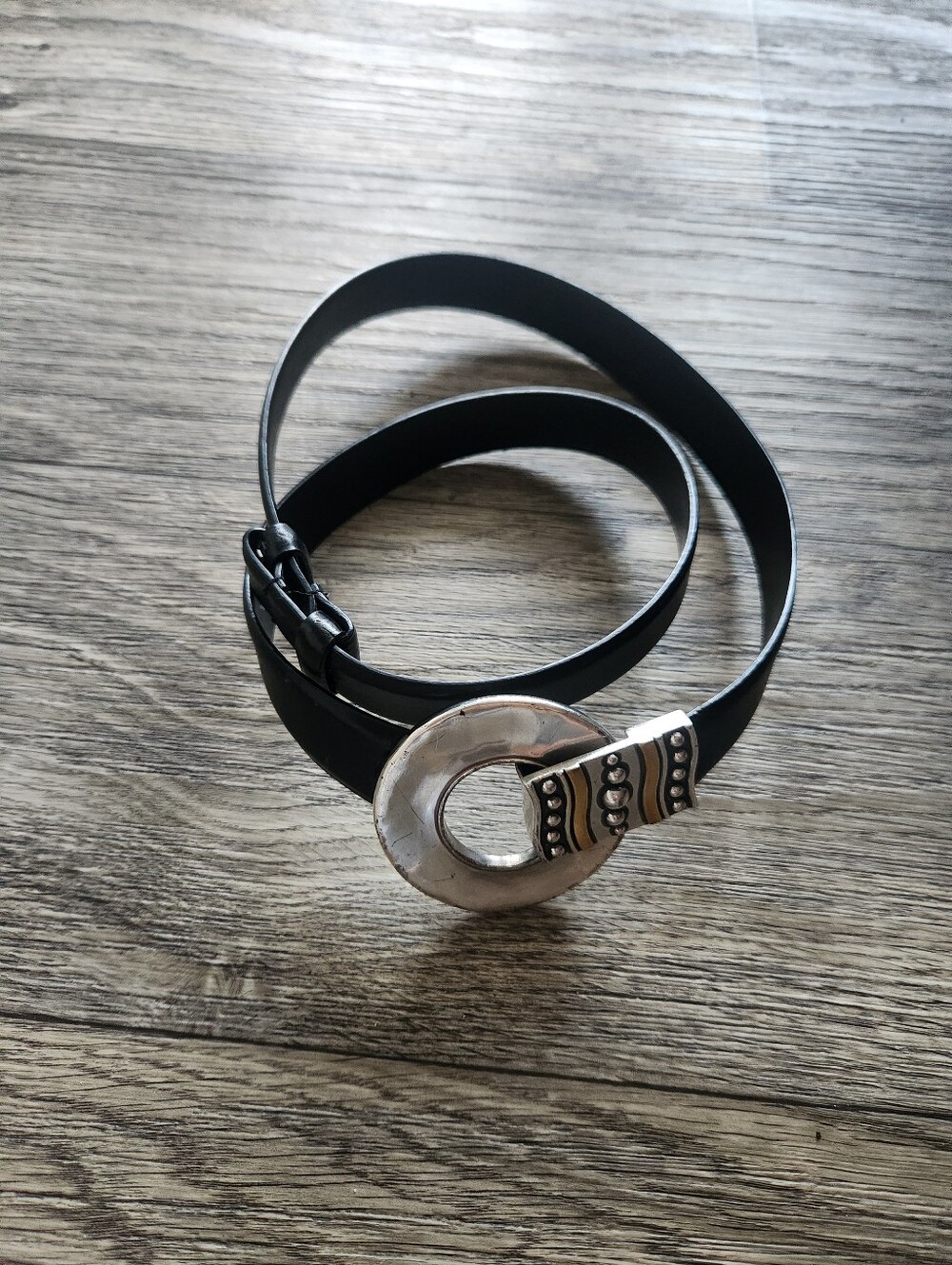 90s Chico's Black Leather Belt Silver Brass Buckle Size M